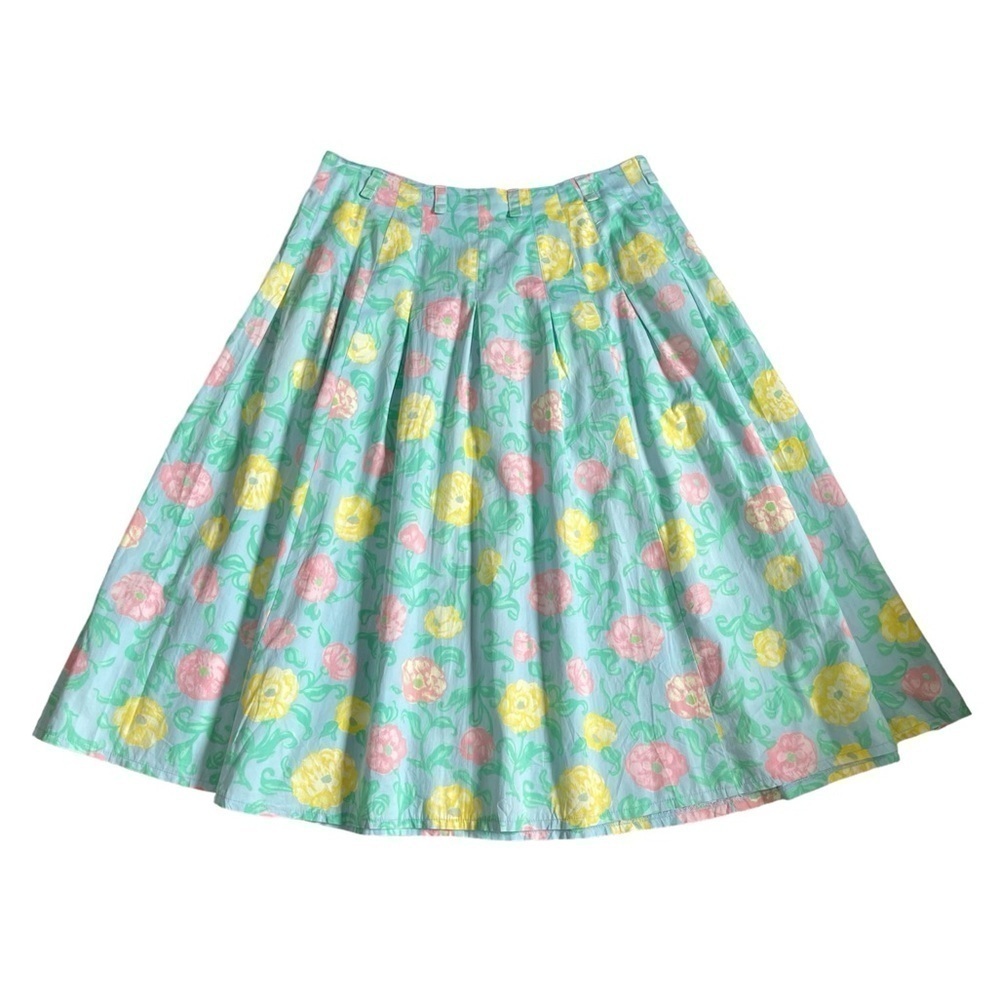 Handmade Light Green Pastel Floral Pleated Skater Skirt L